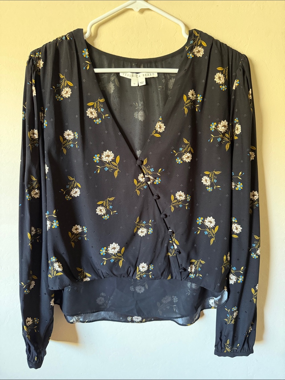 Veronica Beard Black Floral Wrap-Style Blouse